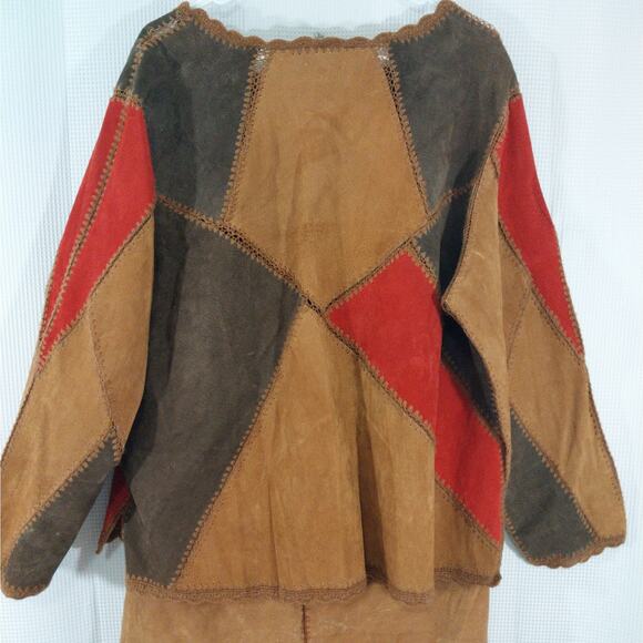 SELENE! GENUINE SUEDE LEATHER! RED, AMBER & BROWN PATCHWORK SKIRT SET! SZ 2X - Picture 7 of 12